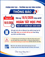 PHÒNG ĐÀO TẠO - TRƯỜNG ĐẠI HỌC BÌNH DƯƠNG THÔNG BÁO HOÀN TẤT HỌC PHÍ HỌC KỲ 3 NĂM HỌC 2025-2026