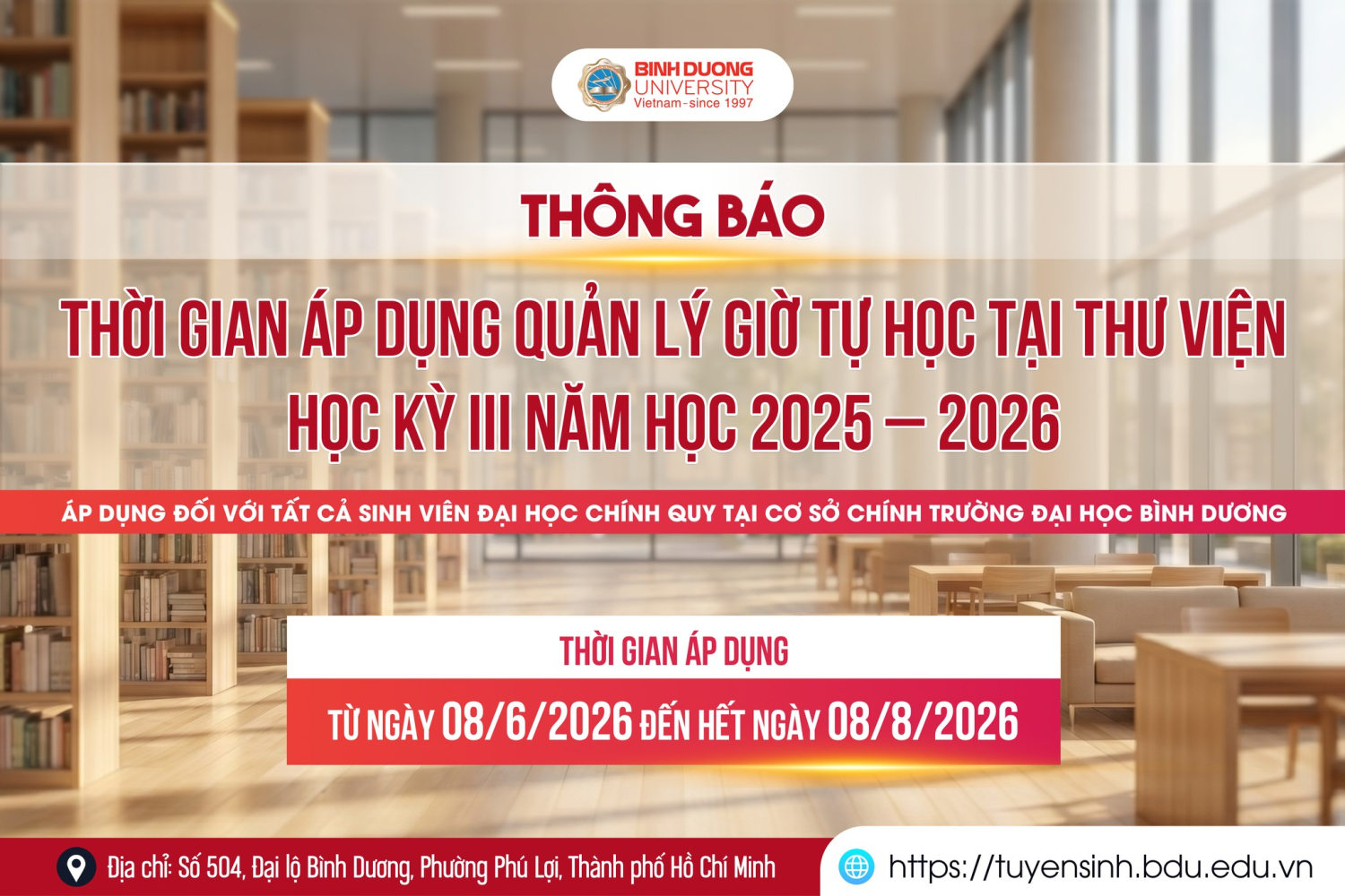 THÔNG BÁO: QUẢN LÝ GIỜ TỰ HỌC TẠI THƯ VIỆN (HỌC KỲ III, 2025 - 2026)